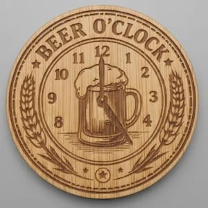 May include: A circular wooden wall clock featuring a laser-engraved design of a beer mug with foam. The text BEER O'CLOCK is arched at the top, with numbers 1 through 12 surrounding the central mug. Two wheat stalks frame the sides of the clock face.