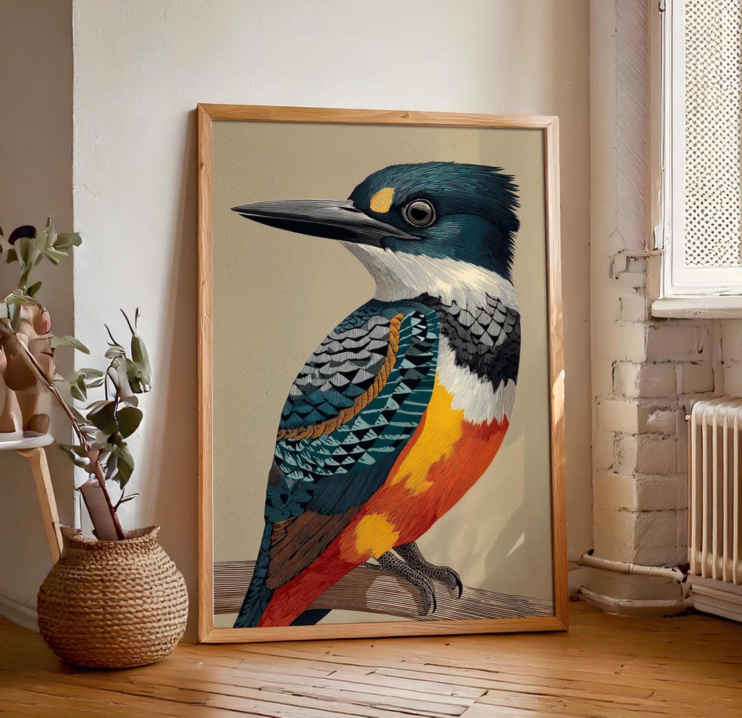 Vintage Belted Kingfisher Wall Art, Art Deco Nature Decor, Printable ...