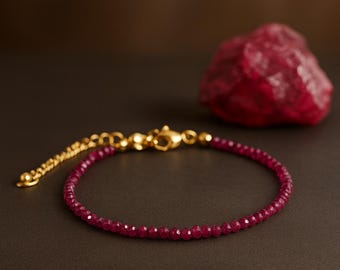 Dainty Natural Ruby Bracelet • Handmade Gold Ruby Jewelry • Minimalist Gemstone Bracelet • Gift for Her • Faceted Ruby Beads
