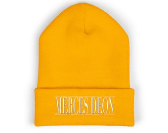 Mercedes Deon Embroidered Beanie | Cuffed Knit Hat, Yellow