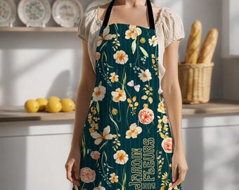 Personalized Floral Apron Teal Kitchen Garden Art Nouveau Stain Resistant Adjustable Cooking Canvas Chef Green Pattern Design Vintage Style
