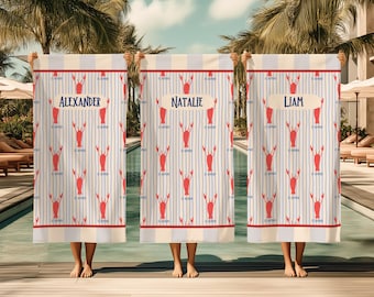 Personalized Beach Towel Custom Name Summer Gift Nautical Stripe Blue Red Lobster Print Pool Accessory Vacation Essential Kid Family Swim