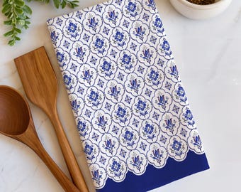 Blue Kitchen Towel Mediterranean Tile Pattern Design Coastal Tea Linen Cloth Decorative Dish Drying Farmhouse Style Home Housewarming