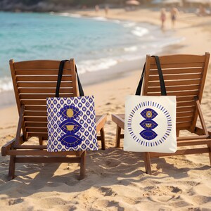 Evil Eye Tote Bag Design Blue Gold Beach Accessory Protective Symbol Mediterranean Style Structured Shopping Carry All Laminated Interior