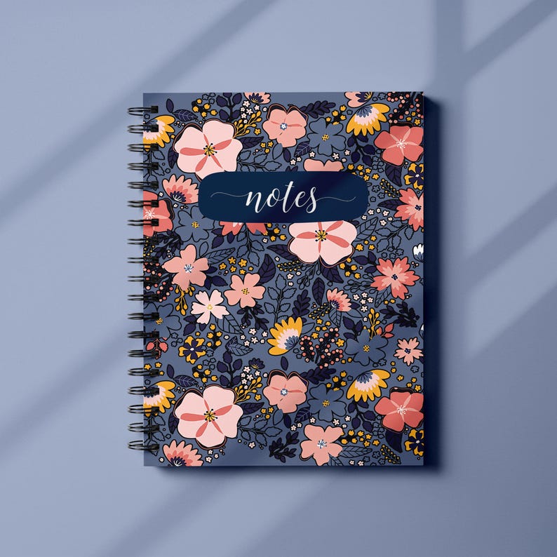 Floral Spiral Notebook Ruled Pages Writing Journal Navy Blue Flower ...