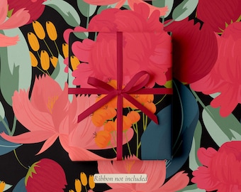 Floral Wrapping Paper Gift Wrap Birthday Present Packaging Material Black Background Botanical Design Pink Flower Pattern Sheet Wedding