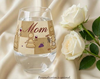 Chess Wine Glass Stemless Drinking Tumbler Personalized Barware Item Customizable Text Design Etched Gold Glassware Novelty King Strategy