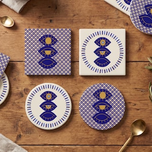 Evil Eye Coaster Ceramic Drink Protection Greek Symbol Blue Gold Detail Round Table Decoration Boho Mediterranean Home Accessory Kitchen