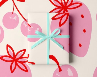 Strawberry Wrapping Paper Birthday Gift Wrap Roll Baby Shower Celebration Simple Fresh Design Watercolor Fruit Pattern Sheet Pink Cherry