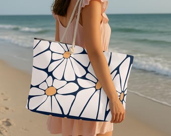Daisy Weekender Tote Bag Women Beach Abstract Daisies Floral Overnight Large Travel Carryall Rope Handle Purse Navy Blue Carrier Weekend