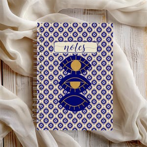 Evil Eye Notebook Spiral Bound Journal Writing Daily Spiritual Blue Gold Navy Script Ruled Line Note Pad Office Supply School Protection