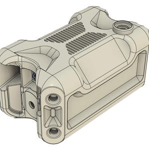 Peut inclure: Objet beige clair rendu en 3D avec un design géométrique complexe. Il comporte de multiples ouvertures, des évents et des détails circulaires, suggérant un composant mécanique ou technologique. L'objet a une finition mate et est sur fond blanc.