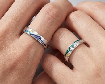 Anillos de Pareja Ajustables, Anillos de Promesa Plateados a Juego con Diseño Sol Ola Ave