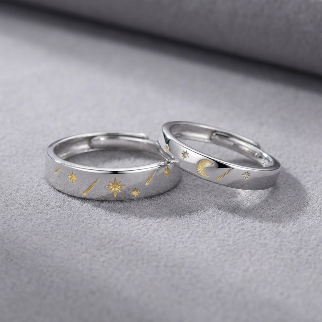 Star Promise Rings Sun Moon Star Couple Rings Adjustable Silver Open Band Minimal Matching ...