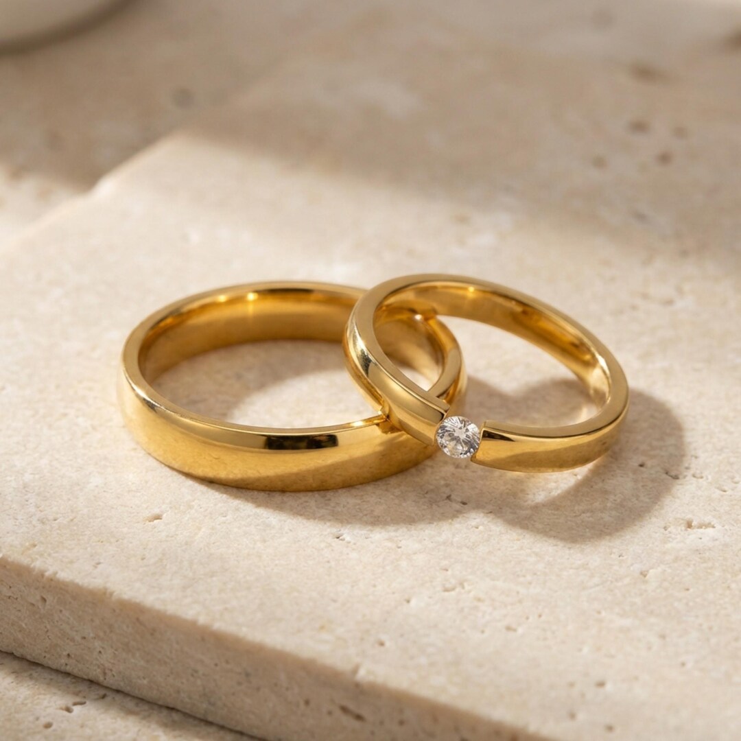 Small Couple Rings Minimal Couple Ring Set Gold Color Matching His Hers Promise ...