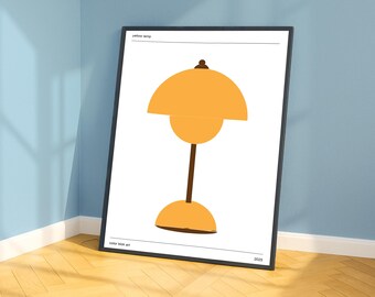 Gelbe Mid Century Tischlampe Art Print, Senf Retro Lampen Poster, Housewarming Geschenk