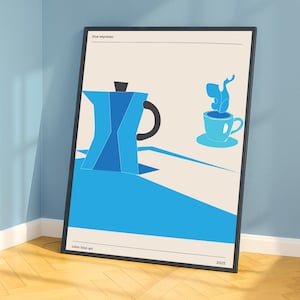 Puede incluir: Una impresión artística enmarcada que presenta una cafetera italiana azul y una taza de café. La obra de arte tiene un estilo minimalista con formas geométricas y una paleta de colores limitada. El texto "Blue espresso" está en la parte superior, y "color book art" y "2025" en la inferior.