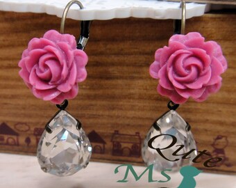 Sparkling rose earrings - raspberry