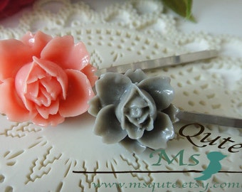 Mix and match - Big and small rose headpin - Pink and grey