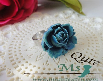 Romantic Garden Rose  Ring - tied dyed blue