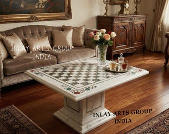 Handmade Marble Chess Table Top | Octagon Floral Inlay, Luxury Game Decor