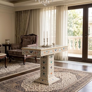 Luxury White Marble Console Table with Pedestal Base, Intricate Pietra Dura Entryway Table, Semi Precious Stone Inlay Hallway Display Table