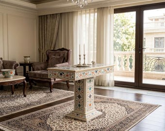 Luxury White Marble Console Table with Pedestal Base, Intricate Pietra Dura Entryway Table, Semi Precious Stone Inlay Hallway Display Table