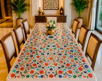 Luxury Rectangular White Marble Dining Table Top, Intricate Pietra Dura 8 Seater Kitchen Table, Semi Precious Stone Inlay Conference Table