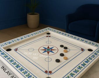 Handmade Marble Inlay Carrom Board: Indian Stone Game Table. ( 1252 ) Inlay Pieces