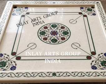 Tavola da Carrom intarsiata in marmo fatta a mano / Pietra Dura Arte indiana