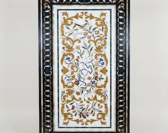 Luxury White Marble Inlay Rectangular Table Top, Pietra Dura Dining Table, Semi Precious Stone Inlaid Console Table, Executive Desk Art
