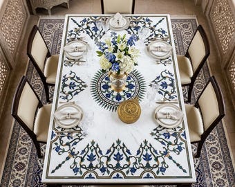 Luxury Rectangular White Marble Dining Table Top, Lapis Lazuli Pietra Dura Kitchen Table, Hand Inlaid Semi Precious Stone 6-8 Seater Table