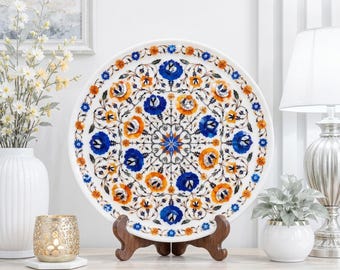 Luxury White Marble Inlay Plate with Stand, Handmade Pietra Dura Floral Display Platter, Unique Semi Precious Stone Round Wall Hanging Decor