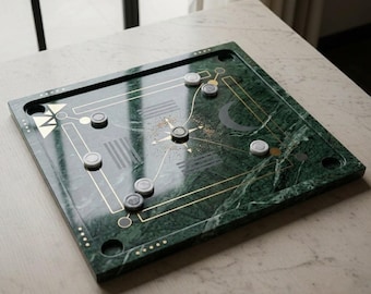 Luxury Green Marble Carrom Board with Yellow Inlay, Handmade Heavy Stone Carrom Game Set, Unique Premium Tabletop Indoor Family Board Game