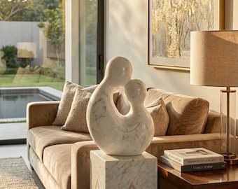 Luxury White Marble Abstract Sculpture with Pedestal Stand, Modern Fine Art Figurine, Geometric Gold Inlay Stone Pillar Plinth, Luxury Gift