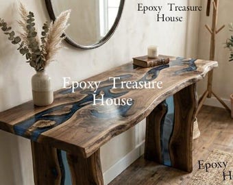 Mesa consola de lujo con borde natural y patas de resina epoxi - Mesa de entrada de madera con resina epoxi azul - Muebles rústicos modernos hechos a mano únicos