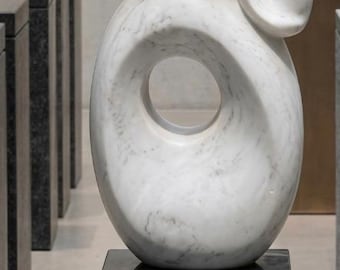 Luxury White Marble Abstract Sculpture with Pedestal Stand, Modern Fine Art Figurine, Geometric Gold Inlay Stone Pillar Plinth, Luxury Gift