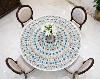 Luxury Round White Marble Dining Table Top, Intricate Mosaic Pietra Dura Kitchen Table, Hand Inlaid Semi Precious Stone Round Table, Regal