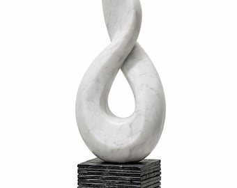 Luxury White Marble Abstract Sculpture with Pedestal Stand, Modern Fine Art Figurine, Geometric Gold Inlay Stone Pillar Plinth, Luxury Gift