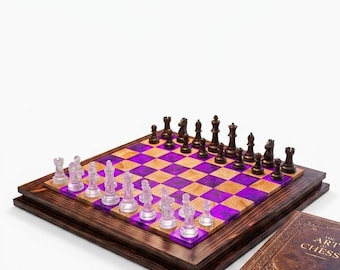 Luxury LED Light Up Wood Epoxy Chess Set, Color Changing Glowing Board Game with Pieces, Unique Custom Game Room Decor, Birthday Gift Him