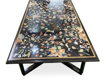Luxus-Esstisch mit schwarzem Marmor-Inlay, Pietra Dura-Konferenztisch, großer rechteckiger Halbedelstein-Tisch, Chefschreibtisch