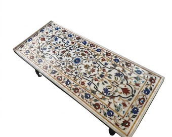 Handgefertigte Couchtischplatte aus weißem Marmor, Konsolentisch mit Blumenmuster von Pietra Dura, Luxus-Esstisch mit Halbedelstein-Intarsien, Wohnzimmer