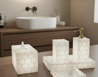 Handmade Marble Bathroom Accessory Set, White Hexagon Inlay, Modern Vanity Decor