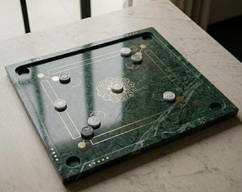 Luxury Green Marble Carrom Board with Yellow Inlay, Handmade Heavy Stone Carrom Game Set, Unique Premium Tabletop Indoor Family Board Game