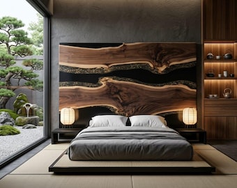 高級ブラックエポキシベッドヘッドボード｜手作り木製樹脂ヘッドボード｜モダンでエレガントな寝室パネル｜デザイナーズ木製ヘッドボード｜カスタムボード