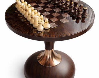 Luxury Round Resin Chess Table with Pedestal Base, Epoxy Wood Game Table Top, Unique Handmade Coffee Table, Living Room Decor, Gift for Him