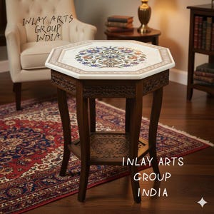 Oktagon Marmor Tischplatte • Malachit Blumen Inlay, Mughal Kunst Bild 2