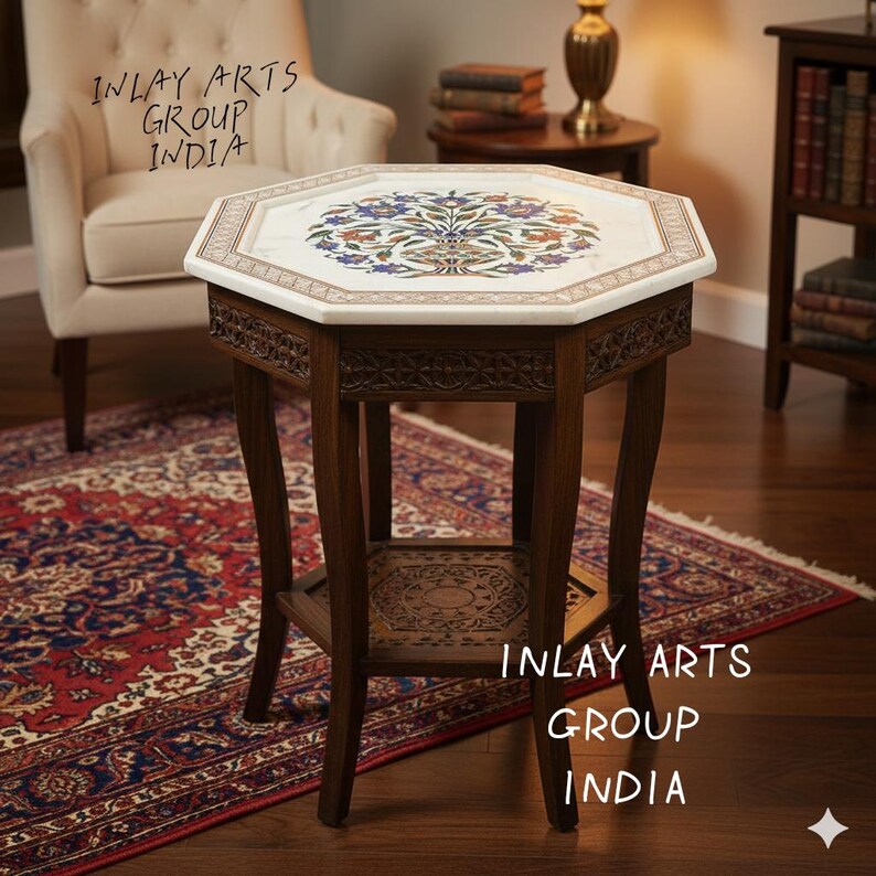 Oktagon Marmor Tischplatte • Malachit Blumen Inlay, Mughal Kunst Bild 2