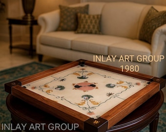 25''Handmade Marble Inlay Carrom Board: Indian Stone Game Table