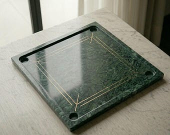 Luxury Green Marble Carrom Board with Brass Inlay, Handmade Heavy Stone Carrom Game Set, Unique Premium Tabletop Indoor Family Board Game